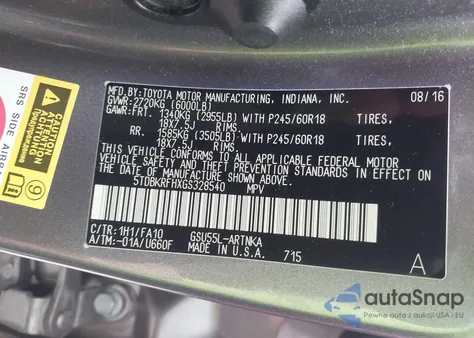 2016 Toyota Highlander Le Plus V6 from USA, damaged, VIN 5TDBKRFHXGS328540